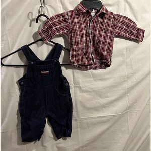 BABY OSH KOSH SET 0-3M, RED PLAID SHIRT AND NAVY CORDUROY OVERALLS, NWOT